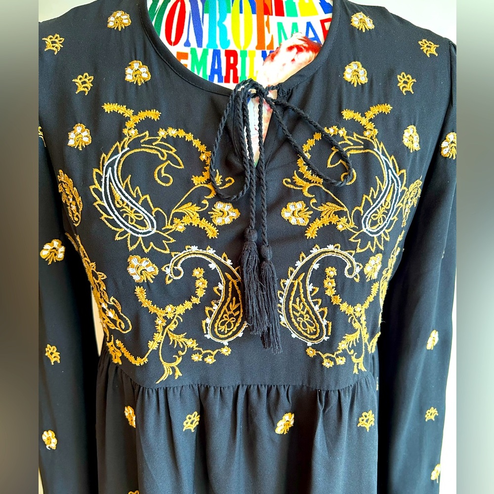 Dex Boho Style Black Dress with Gold Embroidery